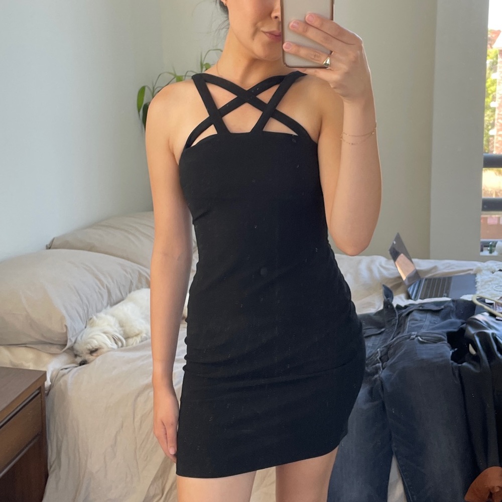 Strappy black tight mini dress